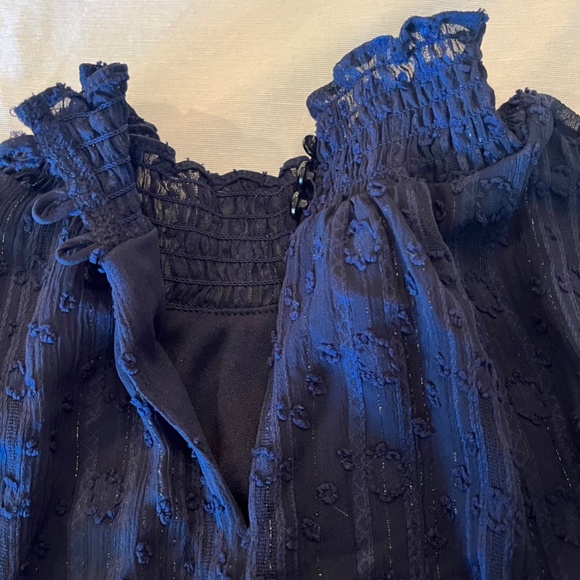 Dark blue, high neck, tier dress by Fortune and Ivy size MP w/ flutter sleeves - Picture 5 of 13